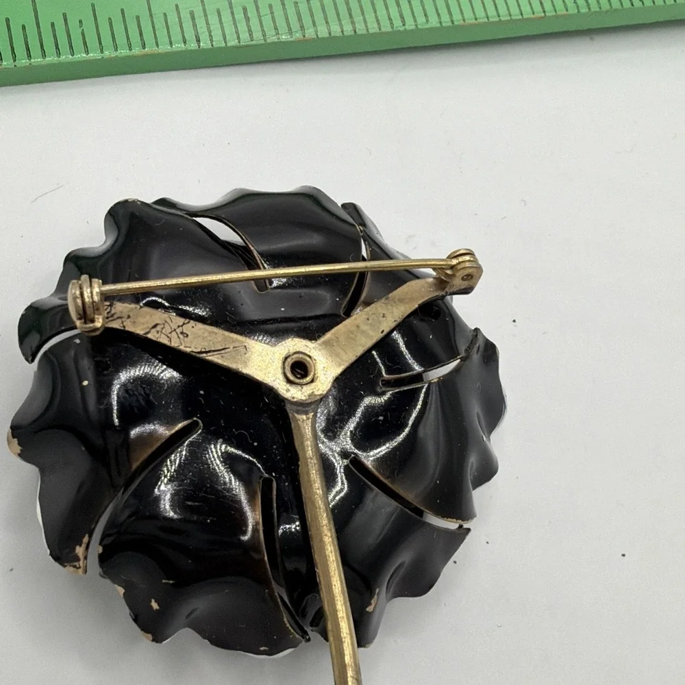 Vintage‎ 1950s Silver Tone Mid Century Black Flower Brooch
